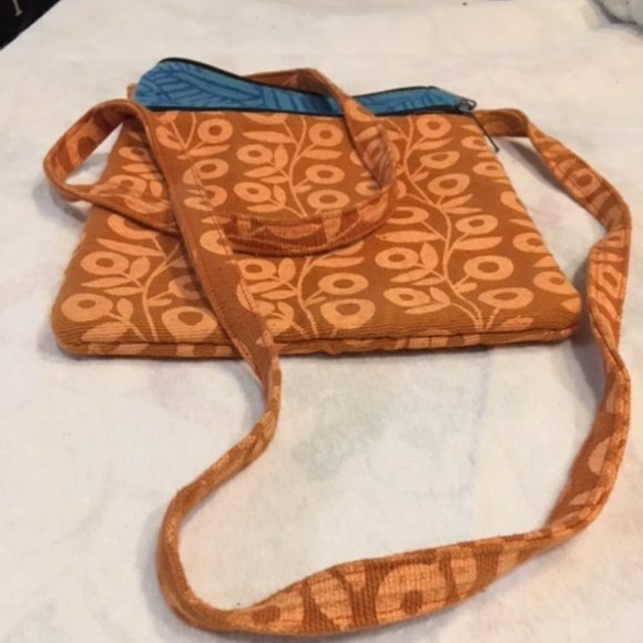 Rising Tide Boho Orange Blue Cotton Cross Body Shoulder Bag 7.5"x10" - Picture 2 of 7